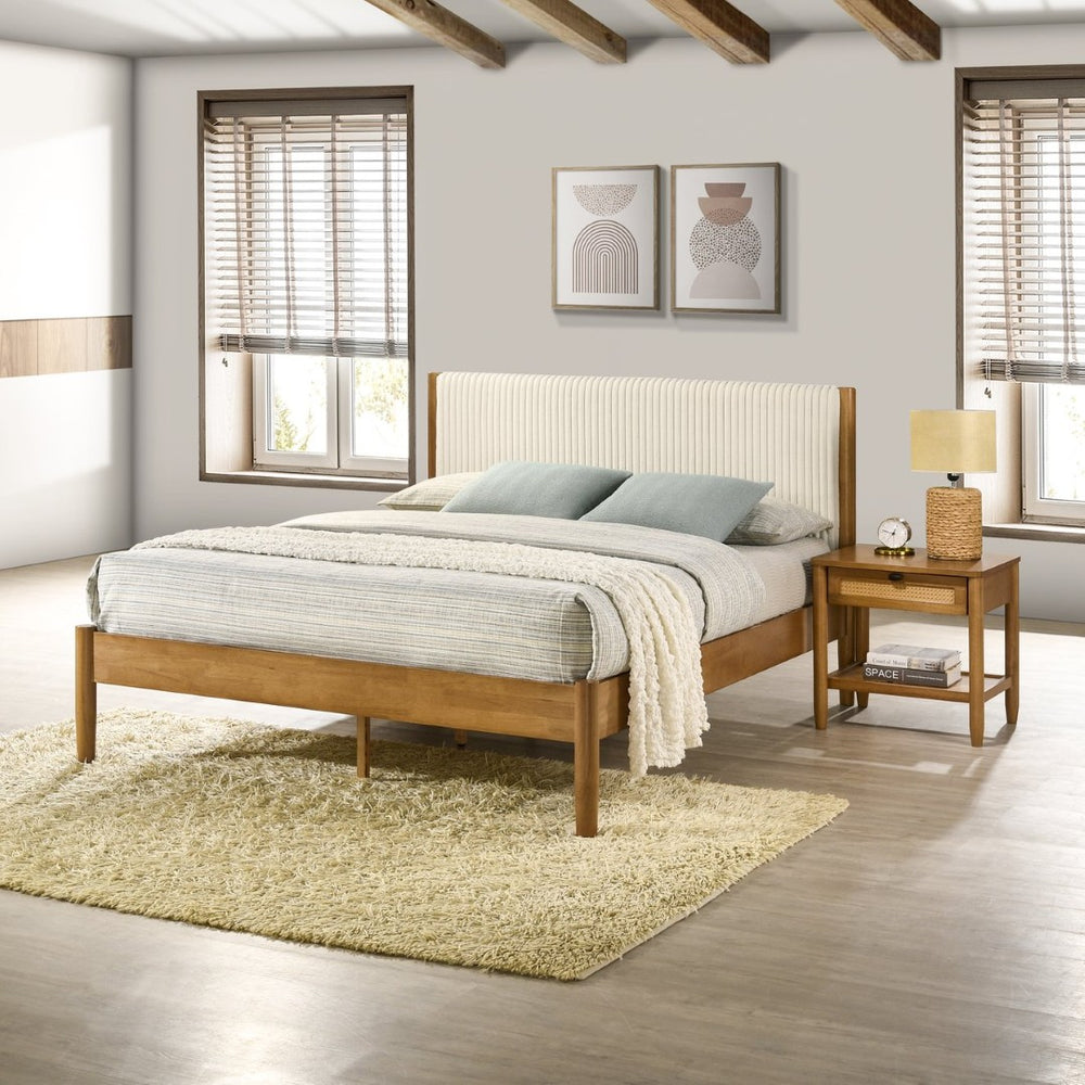 English Elm Vichy Queen Bedroom Set Rattan Fronts Corduroy Headboard Walnut Finish 5 Piece T2574S00319