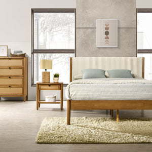 English Elm Vichy Queen Bedroom Set Rattan Fronts Corduroy Headboard Walnut Finish 5 Piece T2574S00319