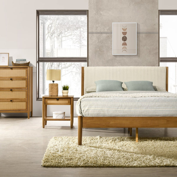 English Elm Vichy Queen Bedroom Set Rattan Fronts Corduroy Headboard Walnut Finish 5 Piece T2574S00319