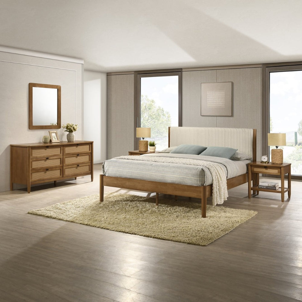English Elm Vichy Queen Bedroom Set Rubberwood Corduroy Headboard Rattan Drawers Walnut Finish T2574S00320