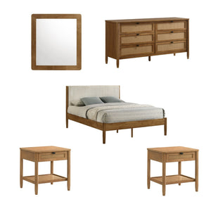 English Elm Vichy Queen Bedroom Set Rubberwood Corduroy Headboard Rattan Drawers Walnut Finish T2574S00320