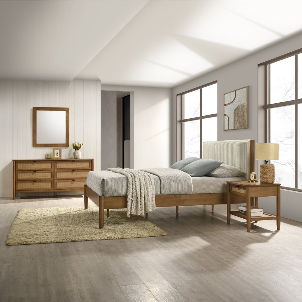 English Elm Vichy Queen Bedroom Set Rubberwood Corduroy Headboard Rattan Drawers Walnut Finish T2574S00320
