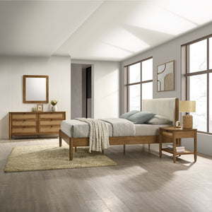 English Elm Vichy Queen Bedroom Set Rubberwood Corduroy Headboard Rattan Drawers Walnut Finish T2574S00320