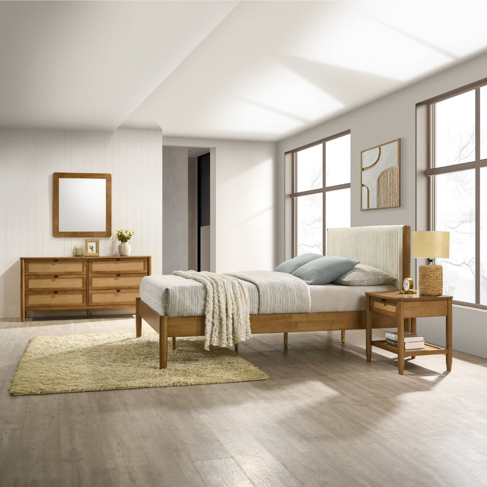 English Elm Vichy Queen Bedroom Set Rubberwood Frame Rattan Fronts Corduroy Headboard Walnut T2574S00321