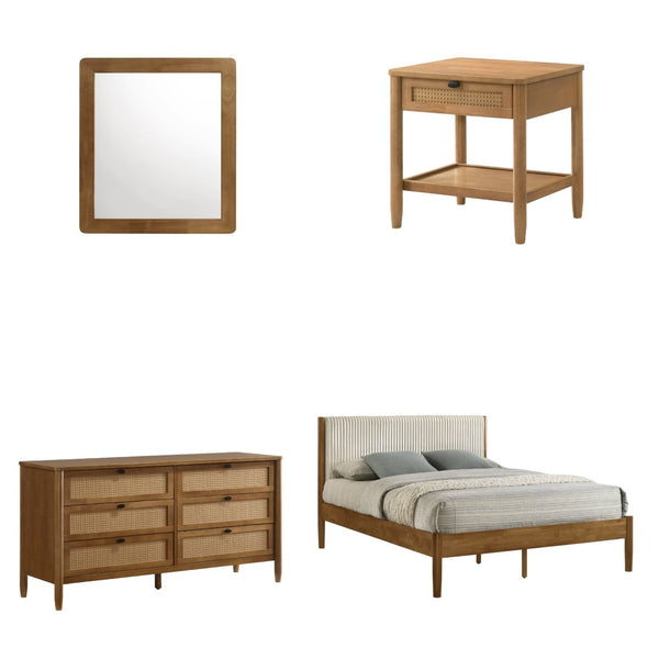 English Elm Vichy Queen Bedroom Set Rubberwood Frame Rattan Fronts Corduroy Headboard Walnut T2574S00321