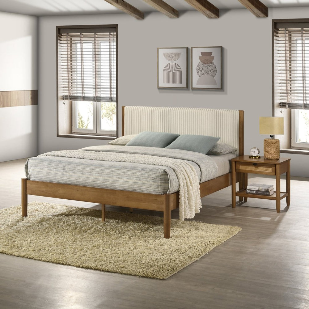 English Elm Vichy Queen Bedroom Set Rubberwood Frame Rattan Fronts Corduroy Headboard Walnut T2574S00321