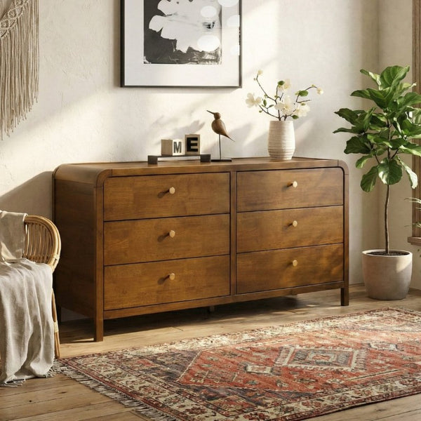 English Elm Eldren Six Drawer Rubberwood Dresser with Gold Hardware and Warm Walnut Tone Finish T2574S00322