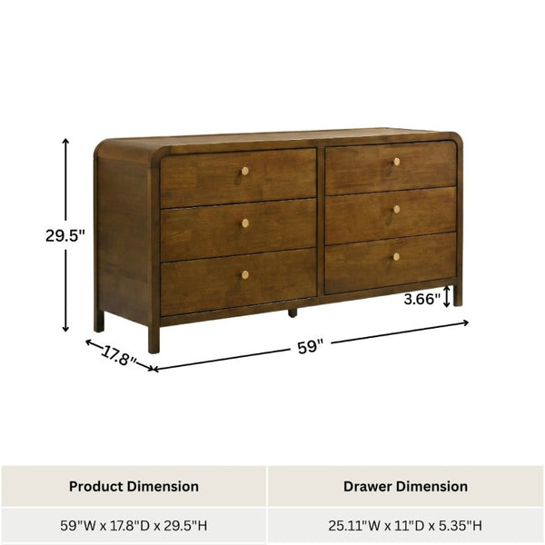 English Elm Eldren Six Drawer Rubberwood Dresser with Gold Hardware and Warm Walnut Tone Finish T2574S00322