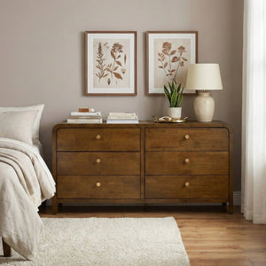 English Elm Eldren Six Drawer Rubberwood Dresser with Gold Hardware and Warm Walnut Tone Finish T2574S00322