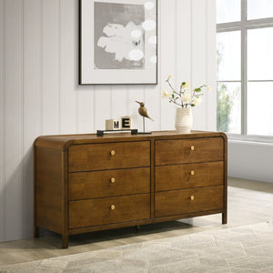 English Elm Eldren Six Drawer Rubberwood Dresser with Gold Hardware and Warm Walnut Tone Finish T2574S00322