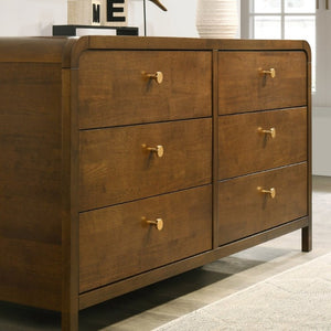 English Elm Eldren Six Drawer Rubberwood Dresser with Gold Hardware and Warm Walnut Tone Finish T2574S00322