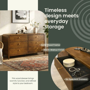 English Elm Eldren Six Drawer Rubberwood Dresser with Gold Hardware and Warm Walnut Tone Finish T2574S00322