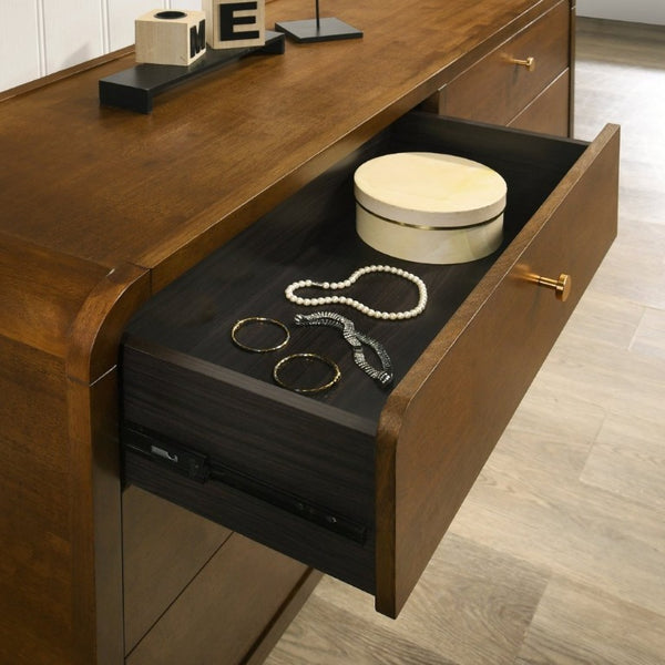 English Elm Eldren Six Drawer Rubberwood Dresser with Gold Hardware and Warm Walnut Tone Finish T2574S00322