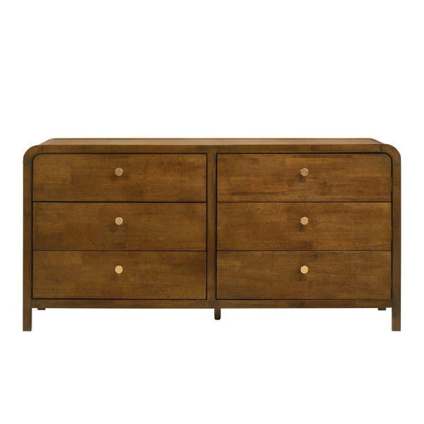 English Elm Eldren Six Drawer Rubberwood Dresser with Gold Hardware and Warm Walnut Tone Finish T2574S00322