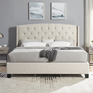 English Elm Nantarre Wingback Platform Bed Linen Upholstered Tufted Headboard with Nailhead Trim T2574S00323