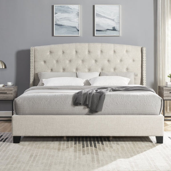 English Elm Nantarre Wingback Platform Bed Linen Upholstered Tufted Headboard with Nailhead Trim T2574S00323