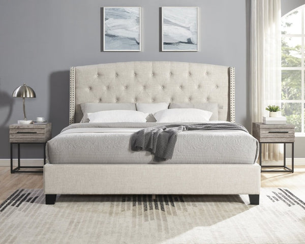 English Elm Astral Wingback Platform Bed Set with Tufted Linen Headboard and Two Wood Nightstands T2574S00324