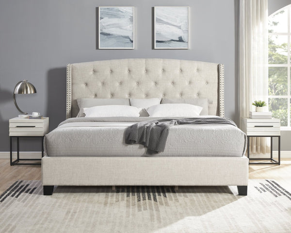 English Elm Astral Wingback Platform Bed Set Linen Upholstered Tufted Headboard with Nailhead Trim Off-white T2574S00325