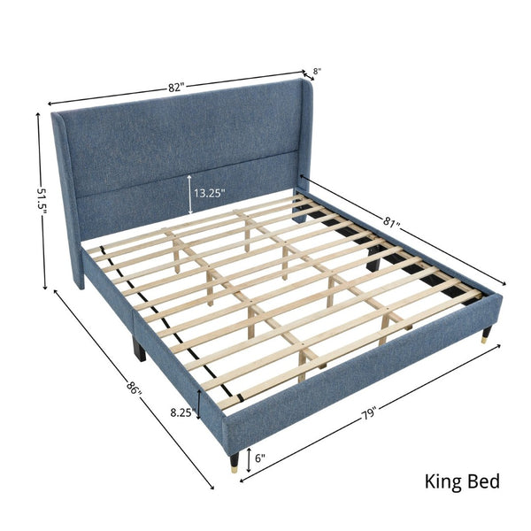 English Elm Arles Wingback Upholstered Platform Bed Set with Two Single Drawer Nightstands Blue T2574S00326