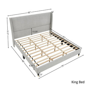 English Elm Arles Wingback Upholstered Platform Bed Set with Two Single Drawer Nightstands Light Gray T2574S00329