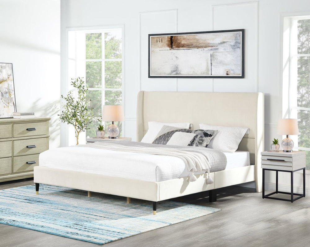 English Elm Arles Wingback Upholstered Platform Bed Set with Two Single Drawer Nightstands Beige T2574S00330
