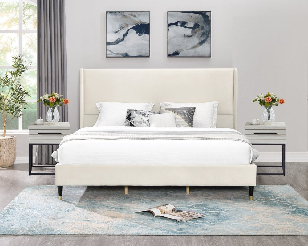 English Elm Arles Wingback Upholstered Platform Bed Set with Two Single Drawer Nightstands Beige T2574S00330