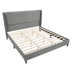 English Elm Arles Wingback Upholstered Platform Bed Set with Two Single Drawer Nightstands Gray T2574S00331