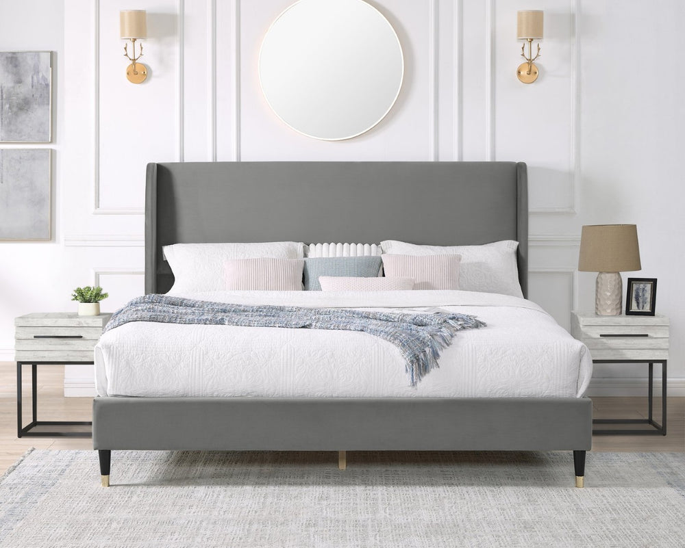 English Elm Arles Wingback Upholstered Platform Bedroom Set with Fabric Headboard and Wood Nightstands Gray T2574S00333