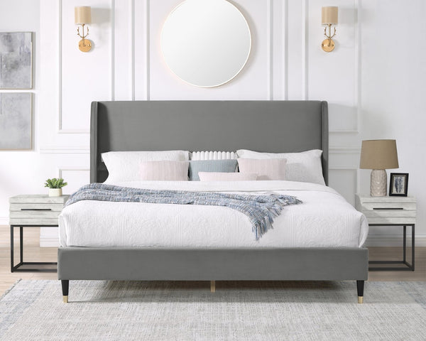 English Elm Arles Wingback Upholstered Platform Bedroom Set with Fabric Headboard and Wood Nightstands Gray T2574S00333