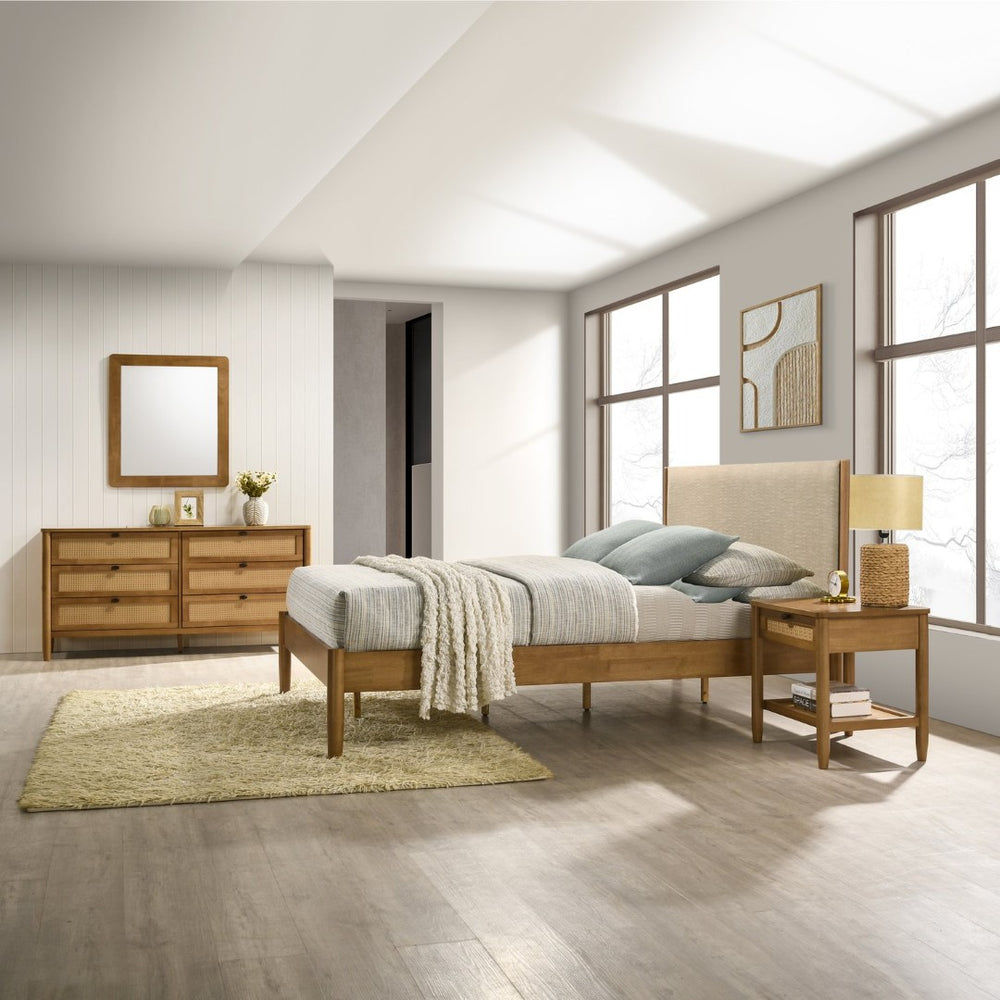 English Elm Vichy King Bedroom Set Rubberwood Frame Rattan Fronts Walnut Finish 4 Piece T2574S00335
