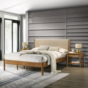 English Elm Vichy King Bedroom Set Walnut Rubberwood Rattan Fronts Upholstered Headboard 5 Piece T2574S00336