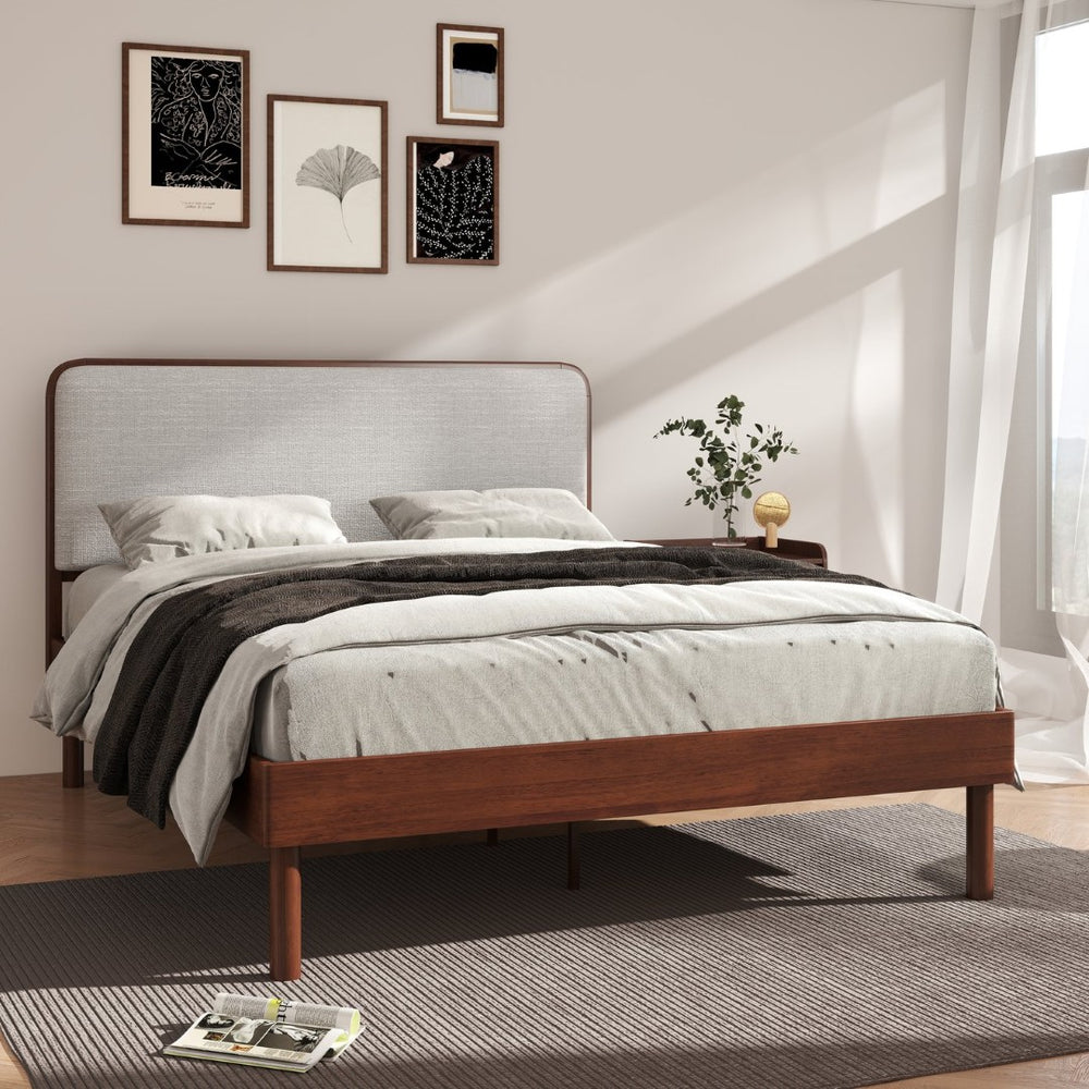 English Elm Wyller Rubberwood Queen Platform Bed Upholstered Headboard Mid-century Walnut Finish T2574S00341