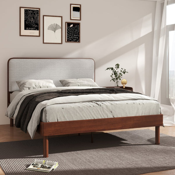 English Elm Wyller Rubberwood Queen Platform Bed Upholstered Headboard Mid-century Walnut Finish T2574S00341