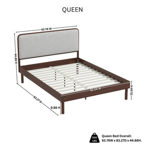 English Elm Wyller Rubberwood Queen Platform Bed Upholstered Headboard Mid-century Walnut Finish T2574S00341