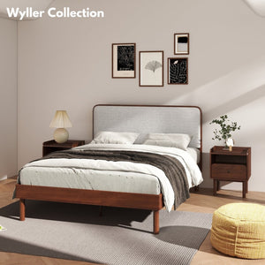 English Elm Wyller Rubberwood Queen Platform Bed Upholstered Headboard Mid-century Walnut Finish T2574S00341