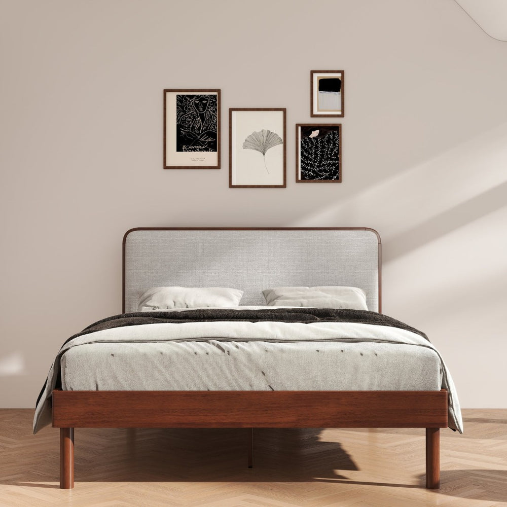 English Elm Wyller Rubberwood Queen Platform Bed Upholstered Headboard Mid-century Walnut Finish T2574S00341