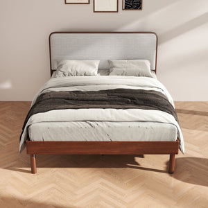 English Elm Wyller Rubberwood Queen Platform Bed Upholstered Headboard Mid-century Walnut Finish T2574S00341