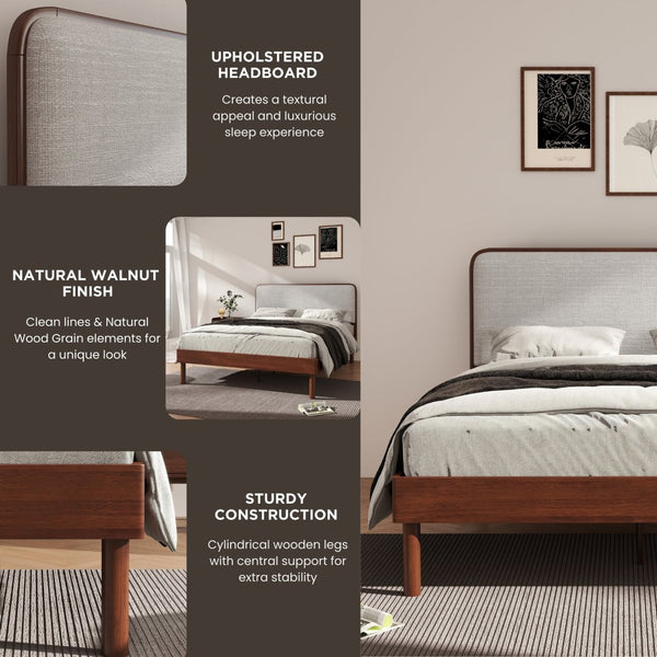 English Elm Wyller Rubberwood Queen Platform Bed Upholstered Headboard Mid-century Walnut Finish T2574S00341