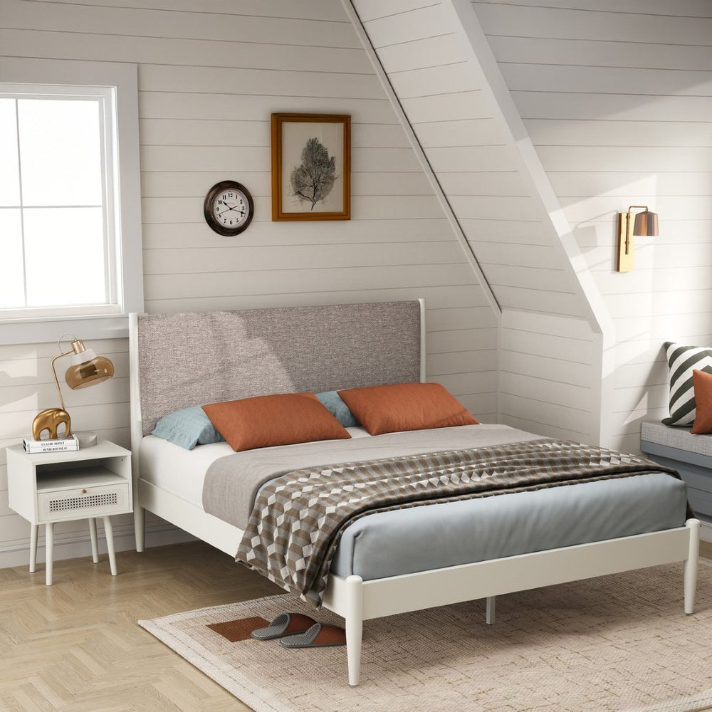English Elm Feeney Queen Platform Bed and Nightstand Set Upholstered Rubberwood Cream White T2574S00344