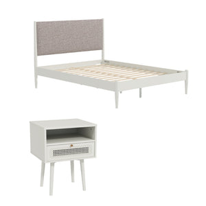 English Elm Feeney Queen Platform Bed and Nightstand Set Upholstered Rubberwood Cream White T2574S00344