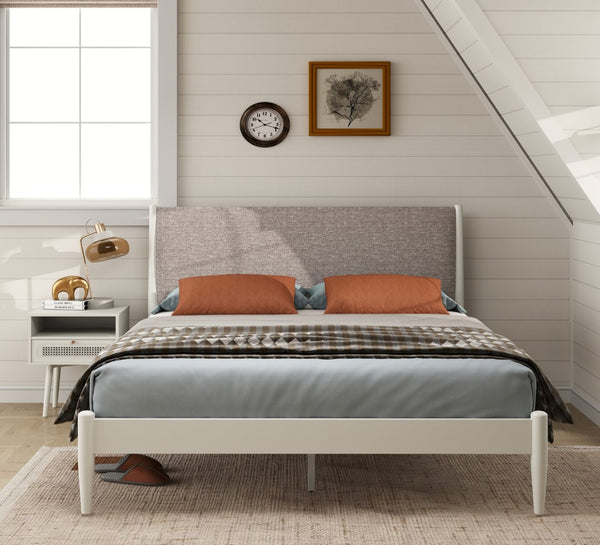 English Elm Feeney Queen Platform Bed and Nightstand Set Upholstered Rubberwood Cream White T2574S00344