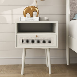 English Elm Feeney Queen Platform Bed and Nightstand Set Upholstered Rubberwood Cream White T2574S00344