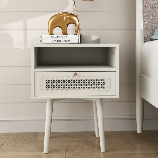 English Elm Feeney Queen Platform Bed and Nightstand Set Upholstered Rubberwood Cream White T2574S00344