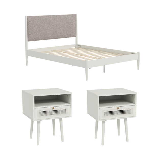 English Elm Feeney Queen Platform Bed Set Rubberwood Frame Upholstered Headboard with Nightstands T2574S00345