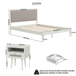English Elm Feeney Queen Platform Bed Set Rubberwood Frame Upholstered Headboard with Nightstands T2574S00345
