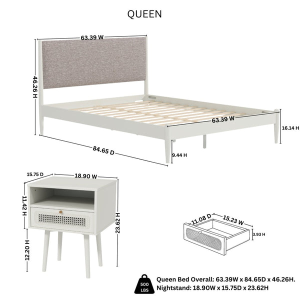 English Elm Feeney Queen Platform Bed Set Rubberwood Frame Upholstered Headboard with Nightstands T2574S00345