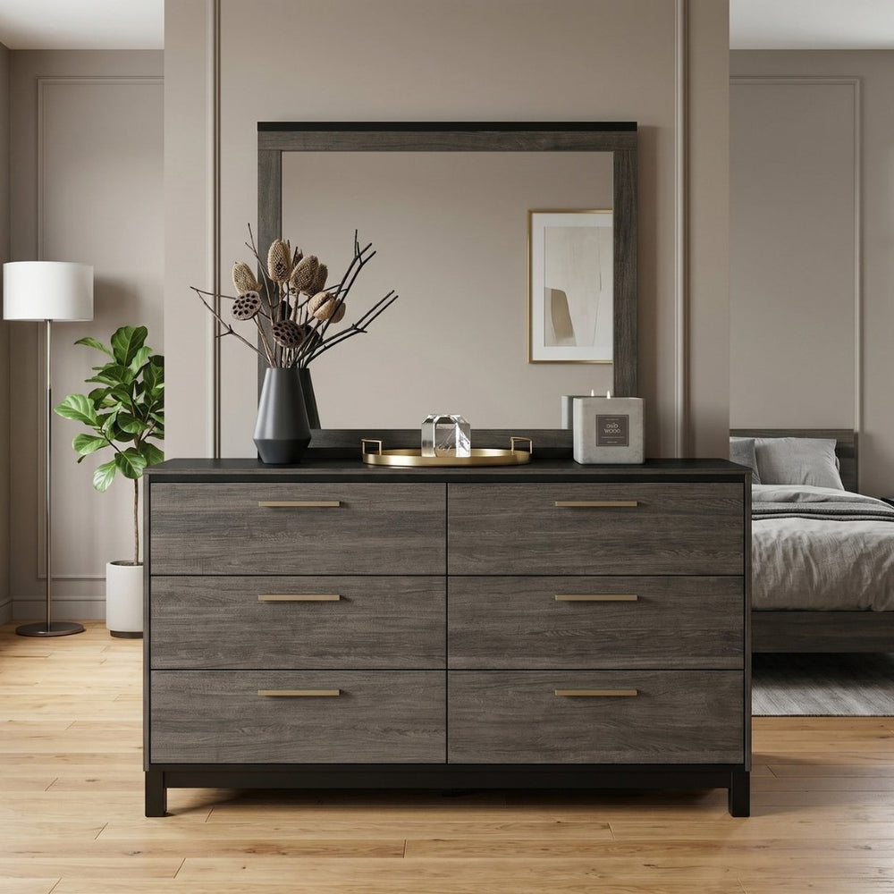 English Elm Ioana Six Drawer Hardwood Dresser with Mirror Antique Grey Inlay Bedroom Set T2574S00346