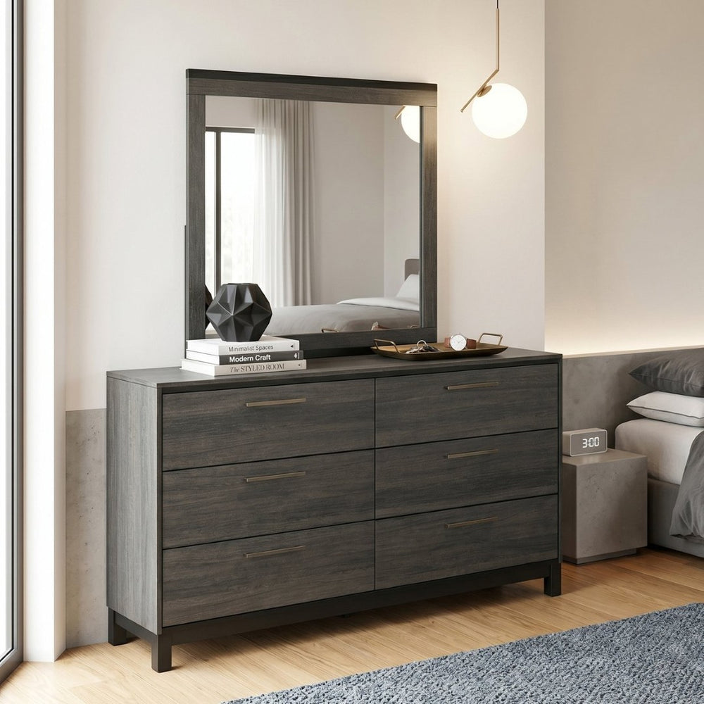 English Elm Ioana Six Drawer Hardwood Dresser with Mirror Antique Grey Inlay Bedroom Set T2574S00346