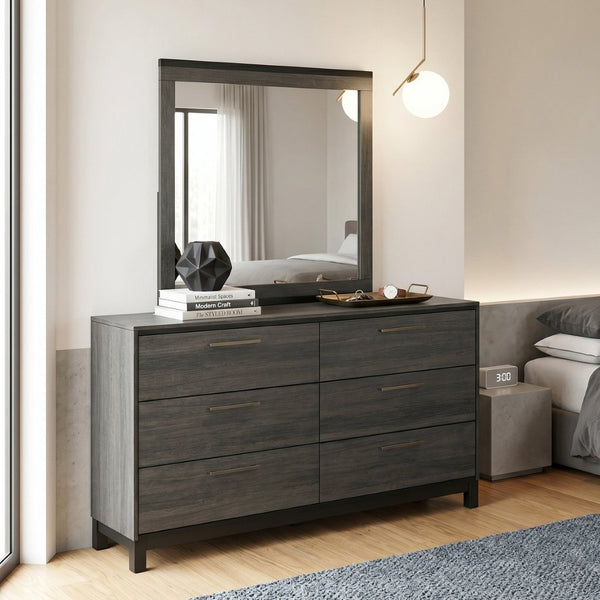 English Elm Ioana Six Drawer Hardwood Dresser with Mirror Antique Grey Inlay Bedroom Set T2574S00346
