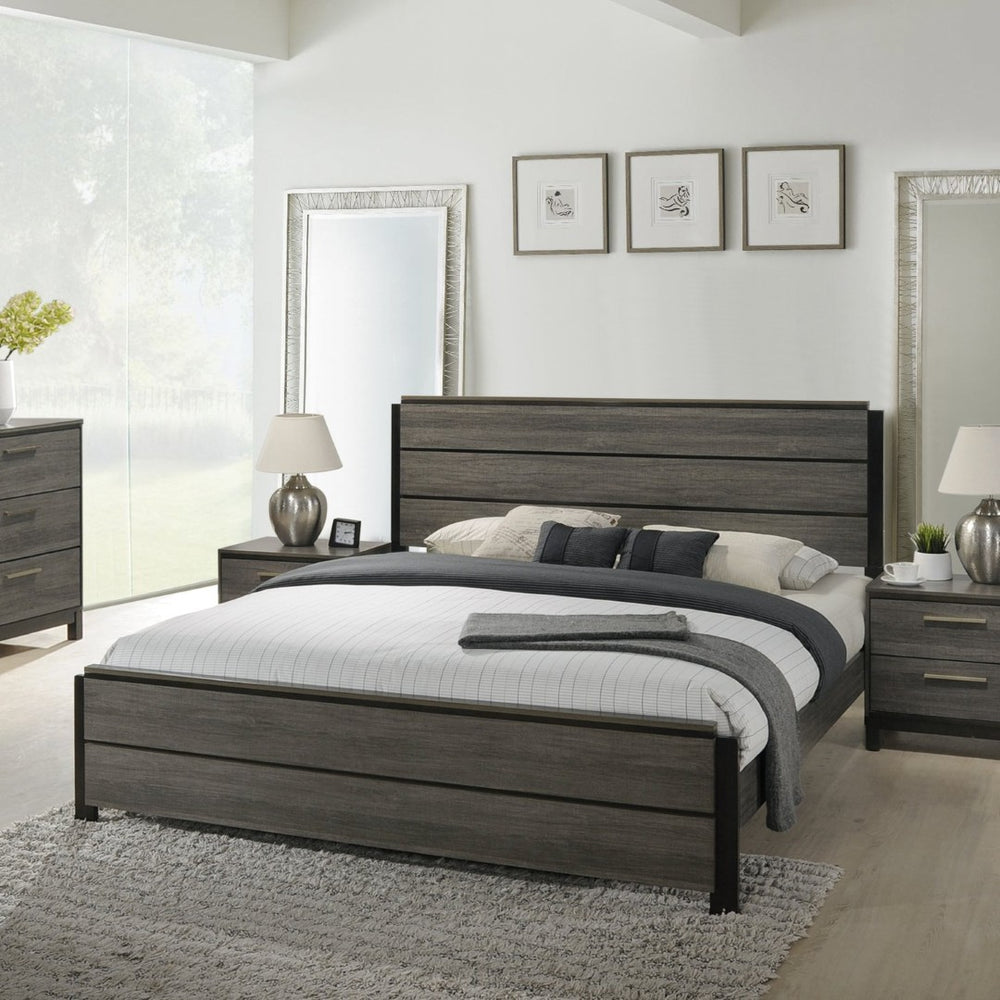 English Elm Ioana Coastal Gray Wood Panel Platform Bed with Planked Inlay for Calm Bedrooms T2574S00347